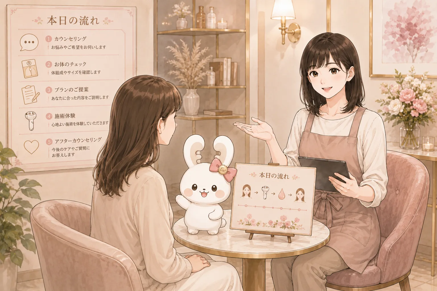 施術者が来店者へ当日の流れを説明している様子